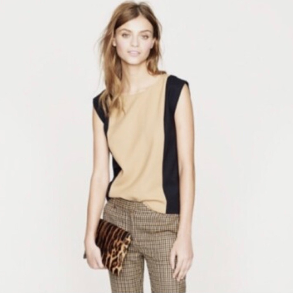 NEW J Crew Lined Colorblock Sleeveless Shell Top Blouse Black & Camel/Tan (Sz 2)